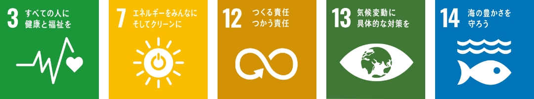3すべての人に健康と福祉を,7エネルギーをみんなに。そしてクリーンに,12つくる責任、つかう責任,13気候変動に具体的な対策を,14海の豊かさを守ろう